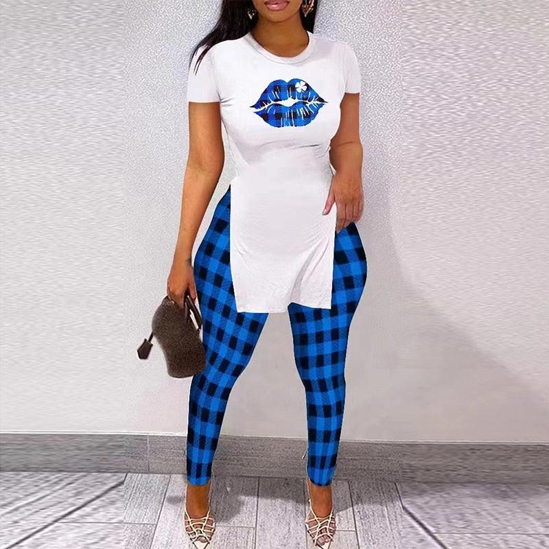 Two Piece Outfits Casual Print Side Slit Top And Skinny Pants - Twin Chronicles 