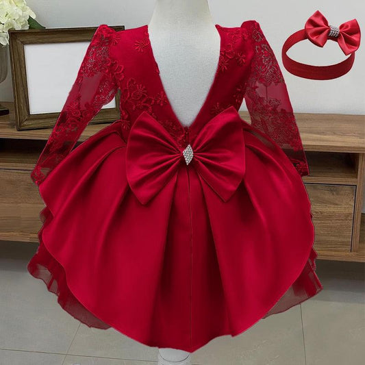 Toddler Girl Party Dress Red Embroidery Floral Birthday Princess Gown - Twin Chronicles 