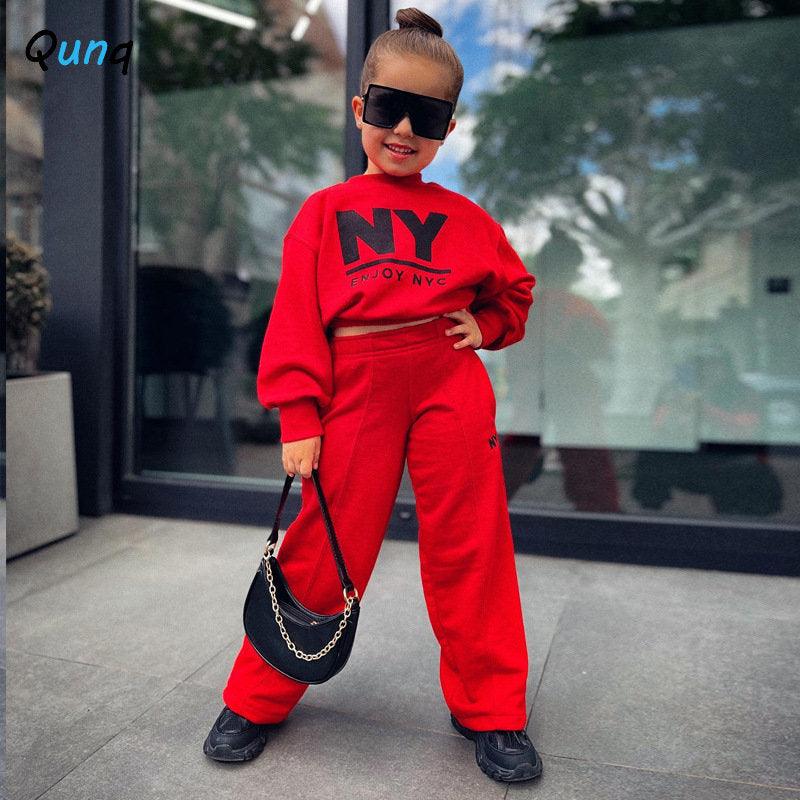 Long Sleeve Letter Print Top + Wide-legged Pants 2 Pieces Set Casual Kids - Twin Chronicles 