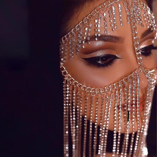 Full Rhinestone Tassel Face Jewelry Women - Party Mask Fringe Metal Headband Decoration Bridal Veils - Twin Chronicles