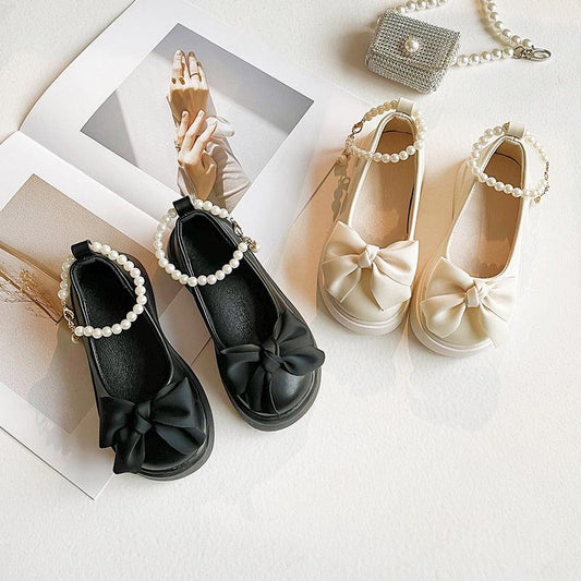 Fashion Shallow Ribbon Bowtie Beading Strap Children Leather Shoes - Twin Chronicles 