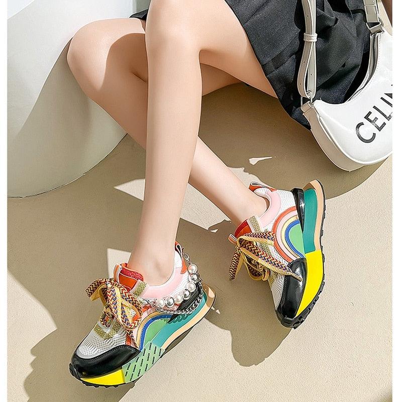 New Lace Up Iridescent Pearl Chain Decorative Women Vulcanized Shoes - Twin Chronicles 