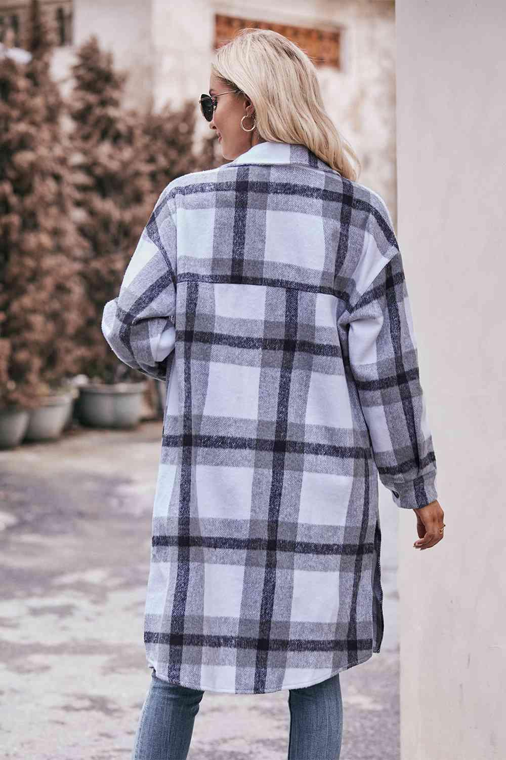 Plaid Dropped Shoulder Longline Jacket - Twin Chronicles 