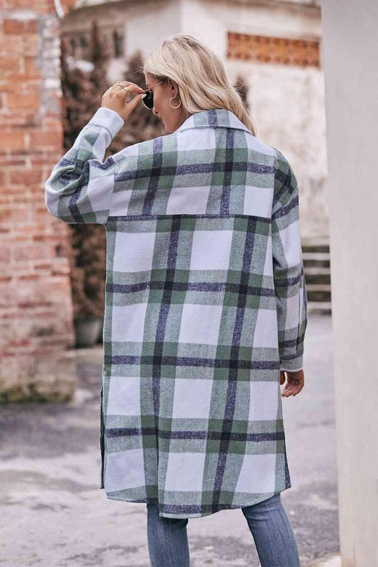 Plaid Dropped Shoulder Longline Jacket - Twin Chronicles 