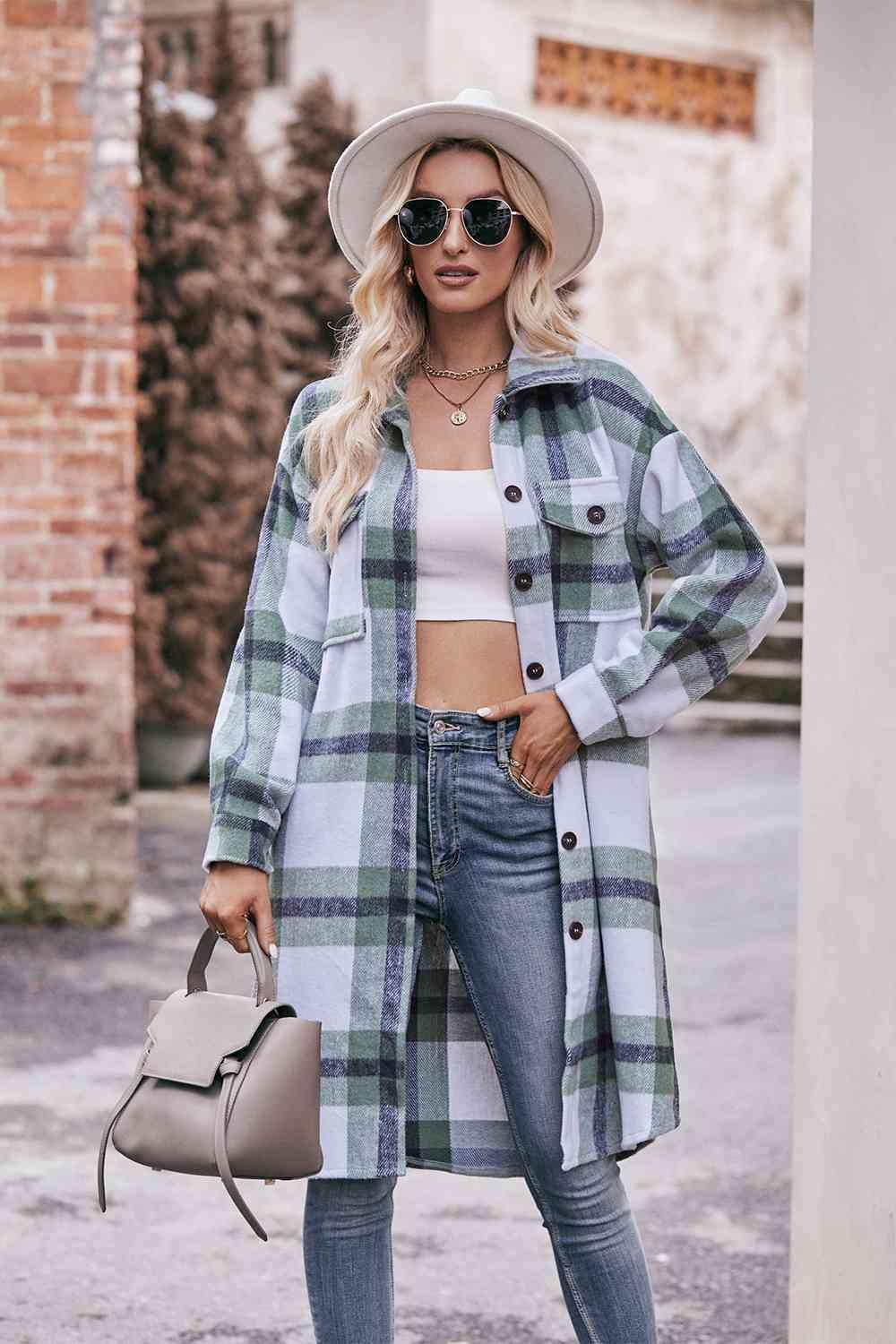 Plaid Dropped Shoulder Longline Jacket - Twin Chronicles 