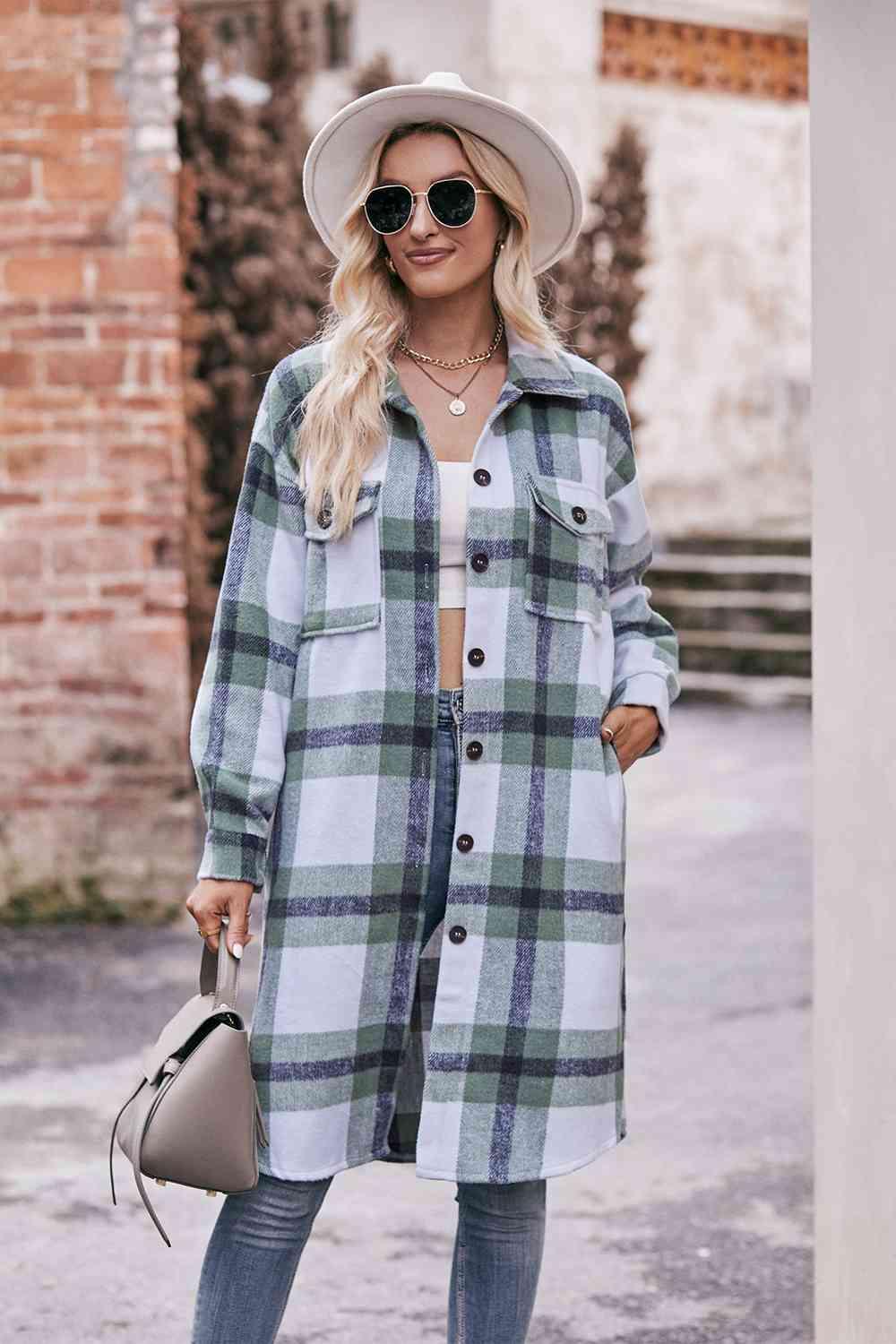 Plaid Dropped Shoulder Longline Jacket - Twin Chronicles 